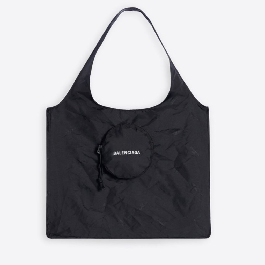 Bnwt Rare Balenciaga Black Logo Recycled Nylon Expandable Grocery Shopper Bag